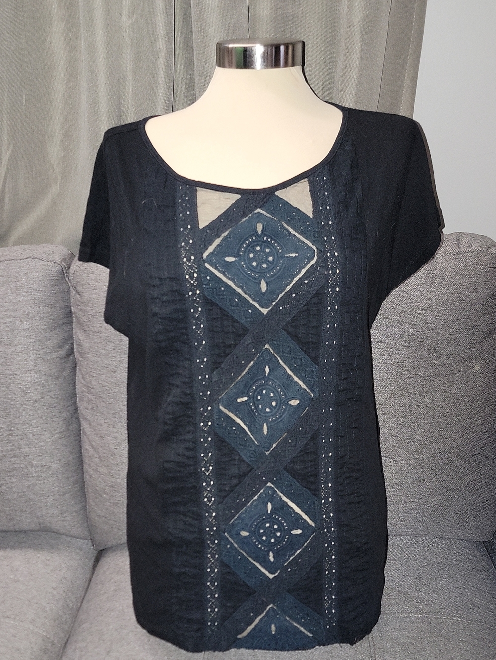 Ralph Lauren Black Embroidered Scoop Neck Top
